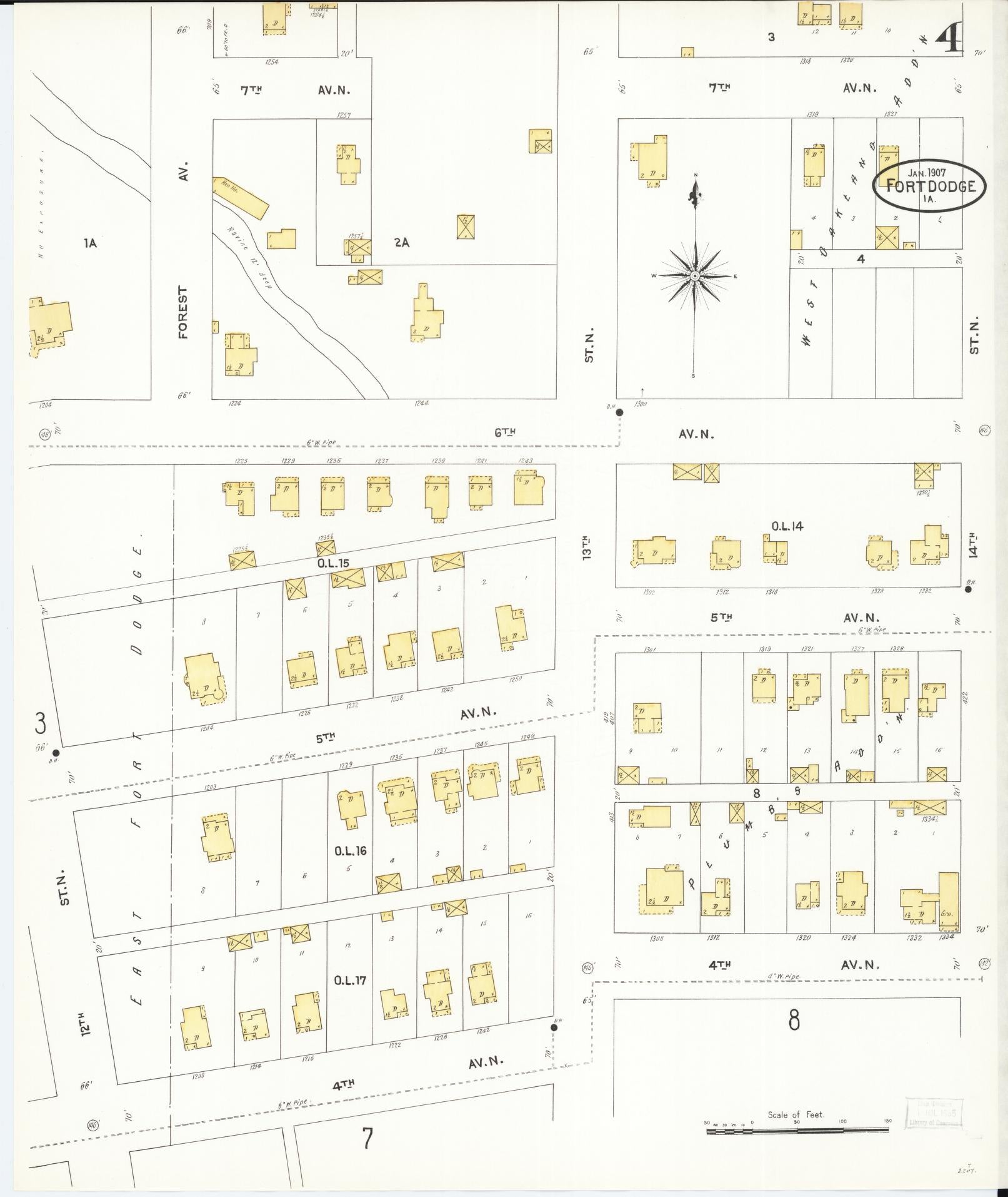 Sanborn Fire Insurance Map from Fort Dodge, Webster County, Iowa (1907), Sheet #0004 - Historic Sanborn Fire Insurance Map Print, vintage old map wall art