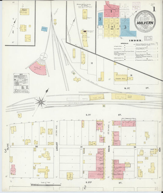 Sanborn Fire Insurance Map from Malvern, Hot Springs County, Arkansas (1904), Sheet #0001 - Historic Sanborn Fire Insurance Map Print, vintage old map wall art, antique decor, genealogy gift, Arkansas Arkansas map