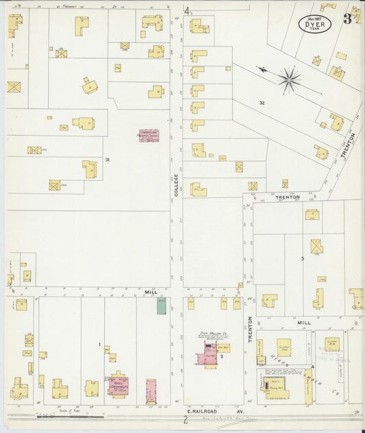 Sanborn Fire Insurance Map from Dyer, Gibson County, Tennessee (1907), Sheet #0003 - Historic Sanborn Fire Insurance Map Print, vintage old map wall art, antique decor, genealogy gift, Tennessee Tennessee map