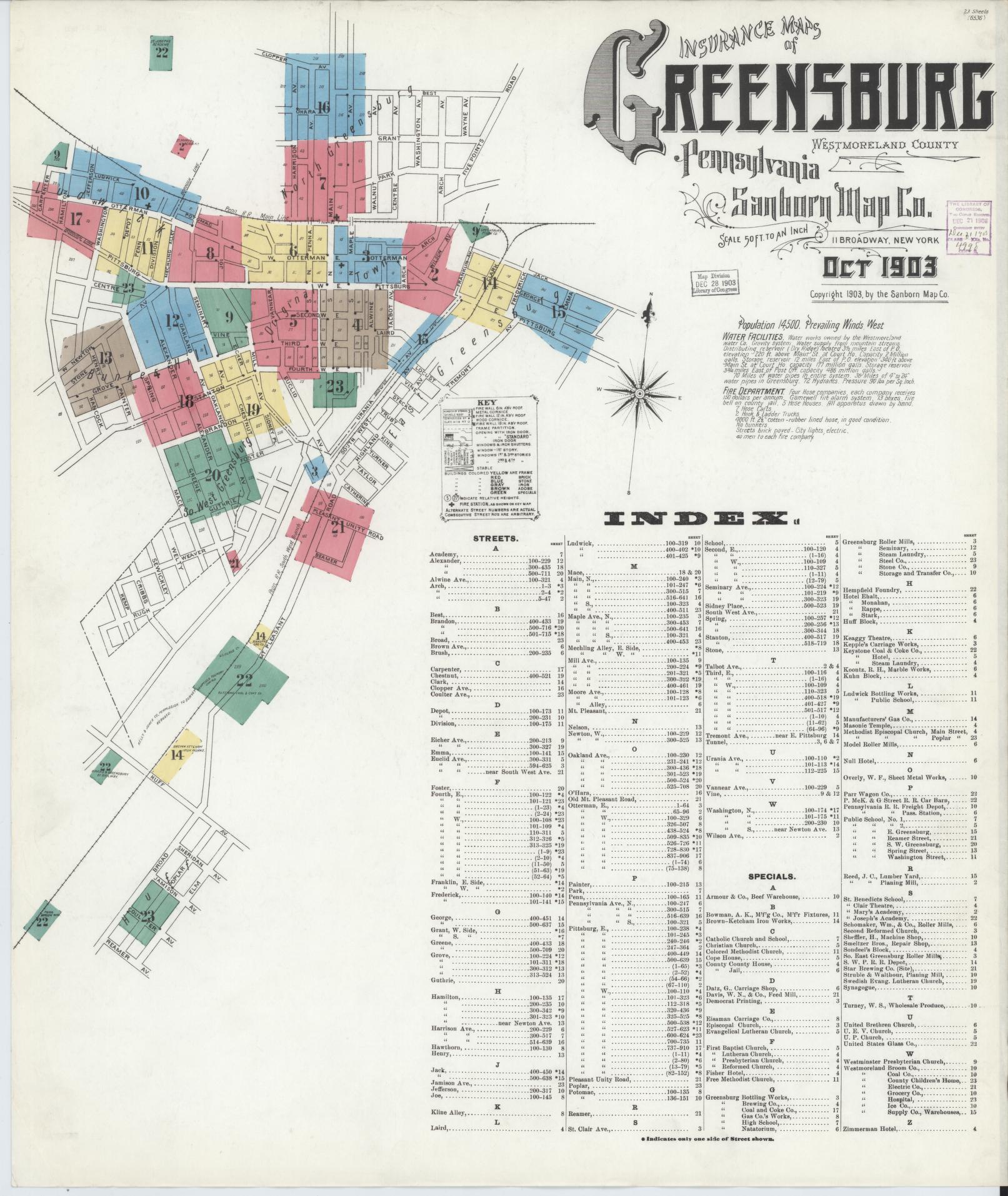 Sanborn Fire Insurance Map from Greensburg, Westmoreland County, Pennsylvania (1903), Sheet #0001 - Historic Sanborn Fire Insurance Map Print, vintage old map wall art, antique decor, genealogy gift, Pennsylvania Pennsylvania map