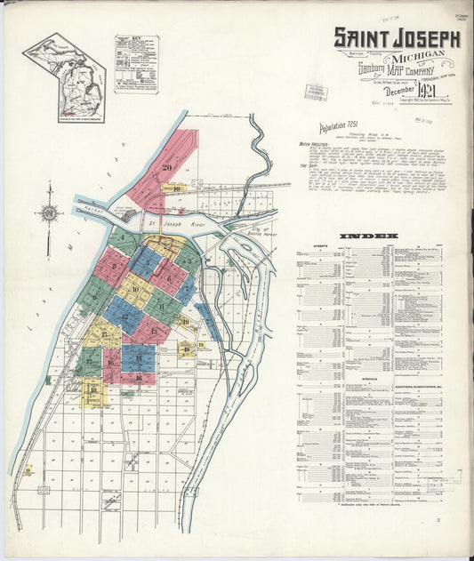 Sanborn Fire Insurance Map from Saint Joseph, Berrien County, Michigan (1921), Sheet #0001 - Historic Sanborn Fire Insurance Map Print, vintage old map wall art, antique decor, genealogy gift, Michigan Michigan map