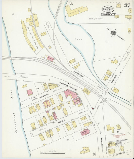 Sanborn Fire Insurance Map from Chicopee, Hampden County, Massachusetts (1910), Sheet #0037 - Historic Sanborn Fire Insurance Map Print, vintage old map wall art, antique decor, genealogy gift, Massachusetts Massachusetts map