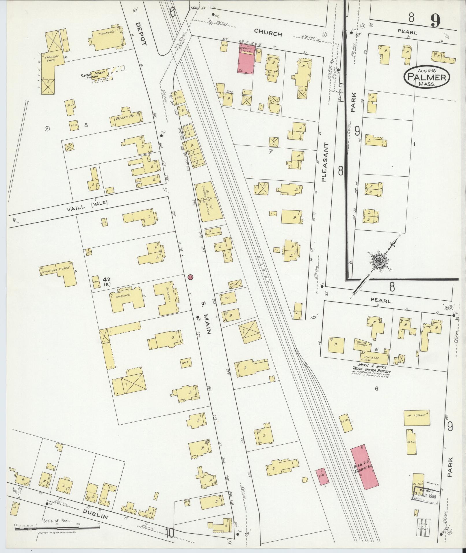Sanborn Fire Insurance Map from Palmer, Hampden County, Massachusetts (1918), Sheet #0009 - Historic Sanborn Fire Insurance Map Print, vintage old map wall art, antique decor, genealogy gift, Massachusetts Massachusetts map