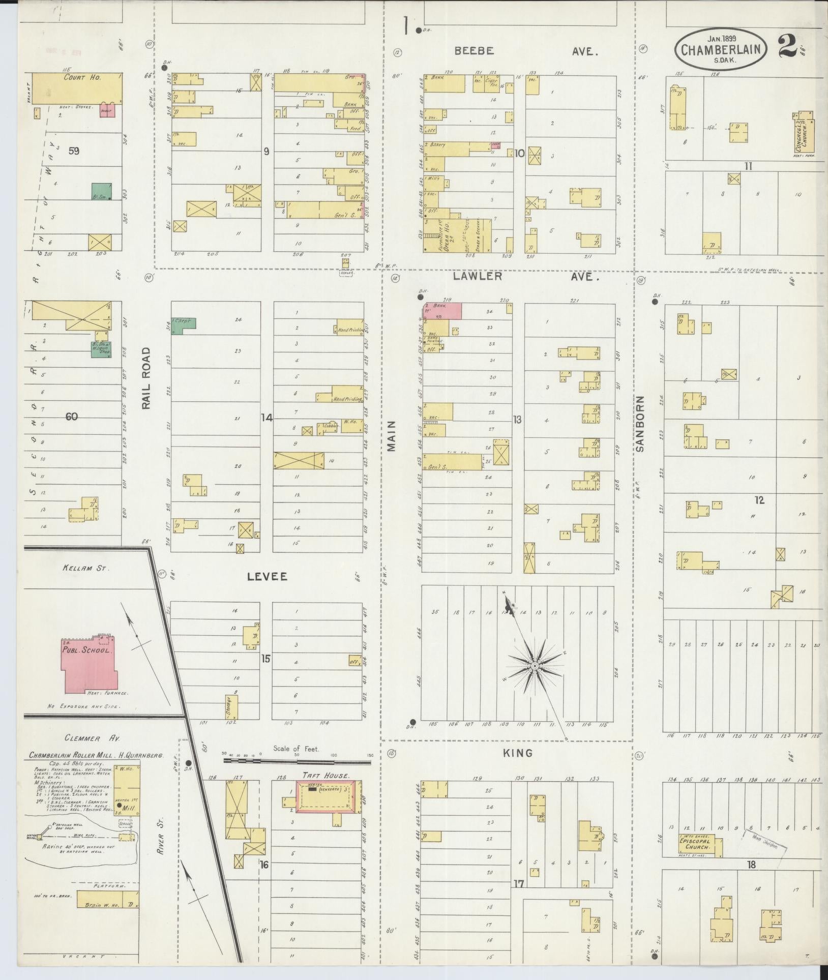 Sanborn Fire Insurance Map from Chamberlain, Brule County, South Dakota (1899), Sheet #0002 - Complete Map Set gallery image, historic Sanborn map, vintage wall art, South Dakota South Dakota