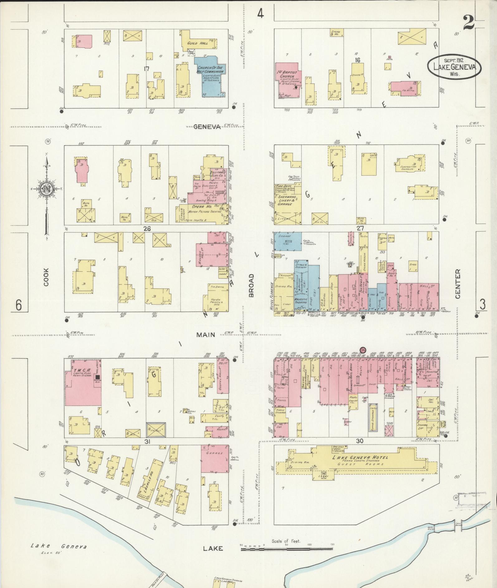 Sanborn Fire Insurance Map from Lake Geneva, Walworth County, Wisconsin (1912), Sheet #0002 - Historic Sanborn Fire Insurance Map Print, vintage old map wall art, antique decor, genealogy gift, Wisconsin Wisconsin map