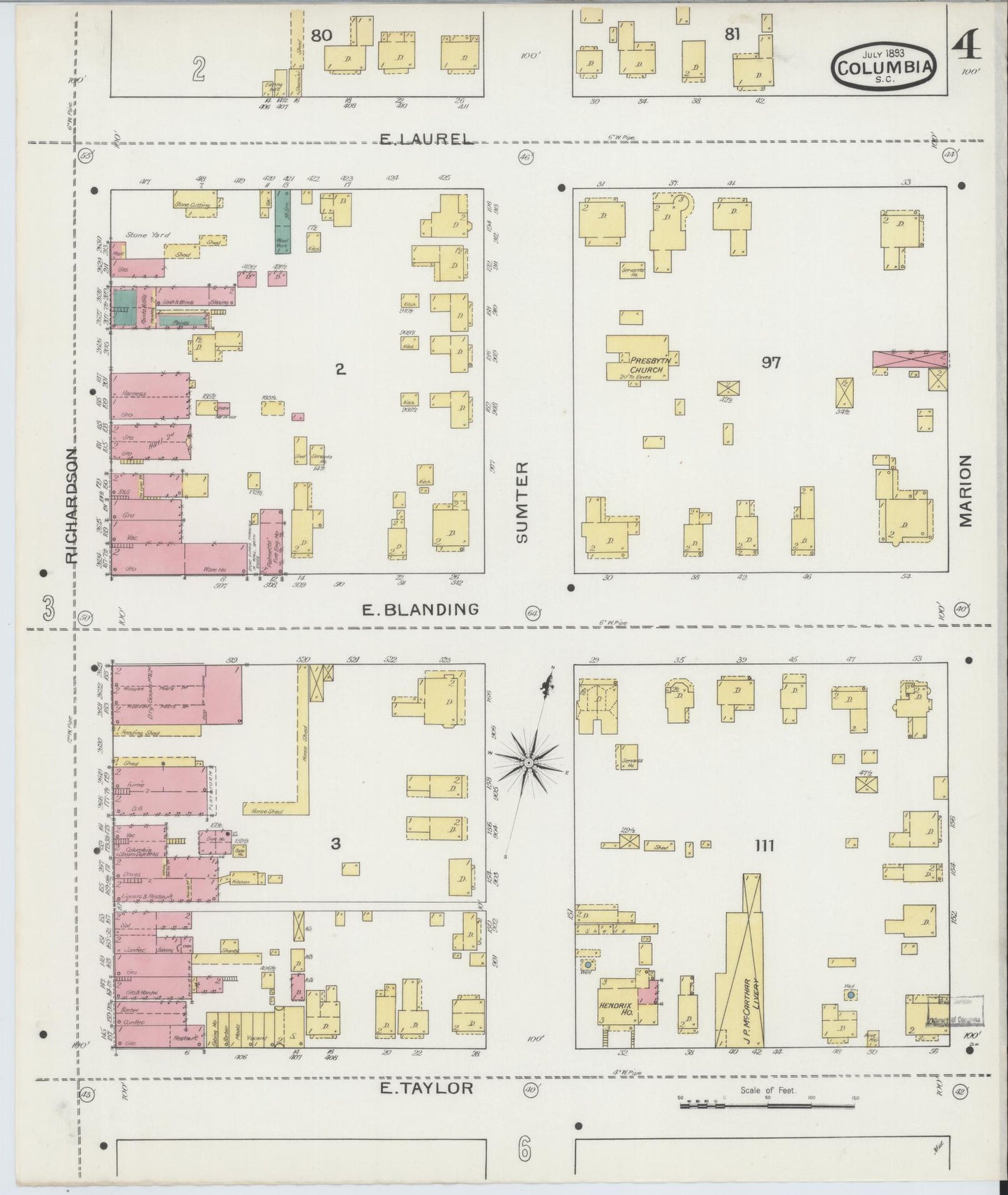 Sanborn Fire Insurance Map from Columbia, Richland County, South Carolina (1893), Sheet #0004 - Historic Sanborn Fire Insurance Map Print, vintage old map wall art, antique decor, genealogy gift, South Carolina South Carolina map