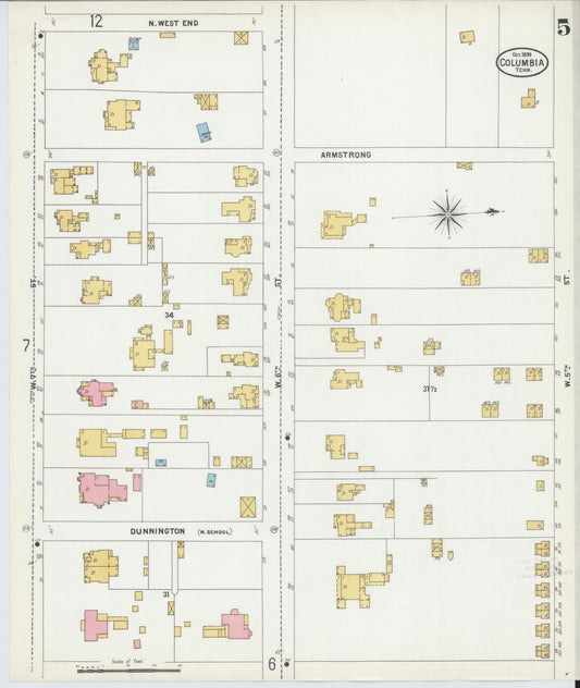 Sanborn Fire Insurance Map from Columbia, Maury County, Tennessee (1899), Sheet #0005 - Historic Sanborn Fire Insurance Map Print, vintage old map wall art, antique decor, genealogy gift, Tennessee Tennessee map