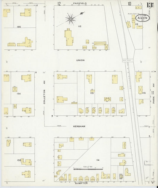 Sanborn Fire Insurance Map from Aiken, Aiken County, South Carolina (1909), Sheet #0013 - Historic Sanborn Fire Insurance Map Print, vintage old map wall art, antique decor, genealogy gift, South Carolina South Carolina map