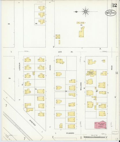 Sanborn Fire Insurance Map from Waycross, Ware County, Georgia (1908), Sheet #0012 - Complete Map Set gallery image, historic Sanborn map, vintage wall art, Georgia Georgia
