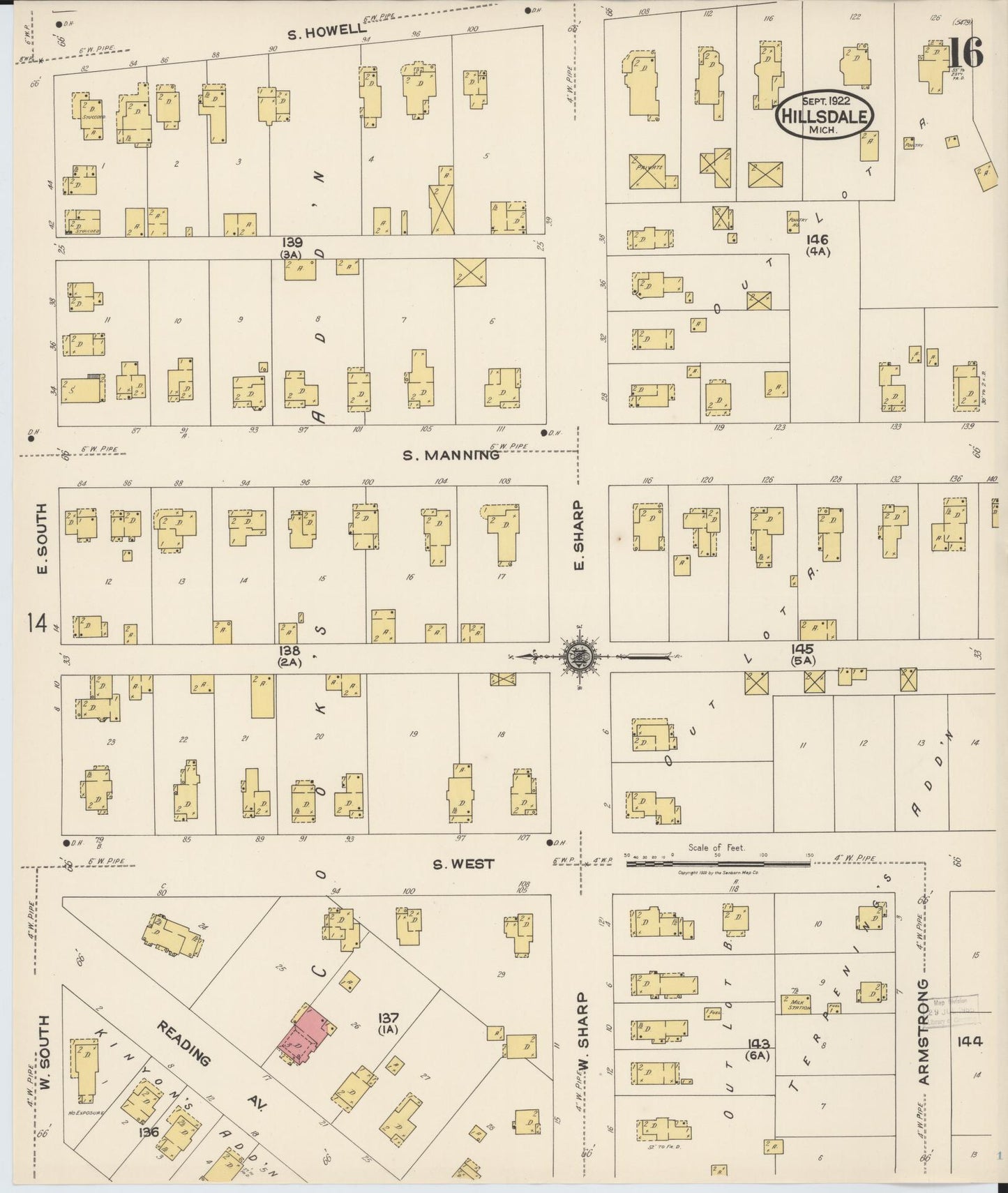Sanborn Fire Insurance Map from Hillsdale, Hillsdale County, Michigan (1922), Sheet #0016 - Complete Map Set gallery image, historic Sanborn map, vintage wall art, Michigan Michigan