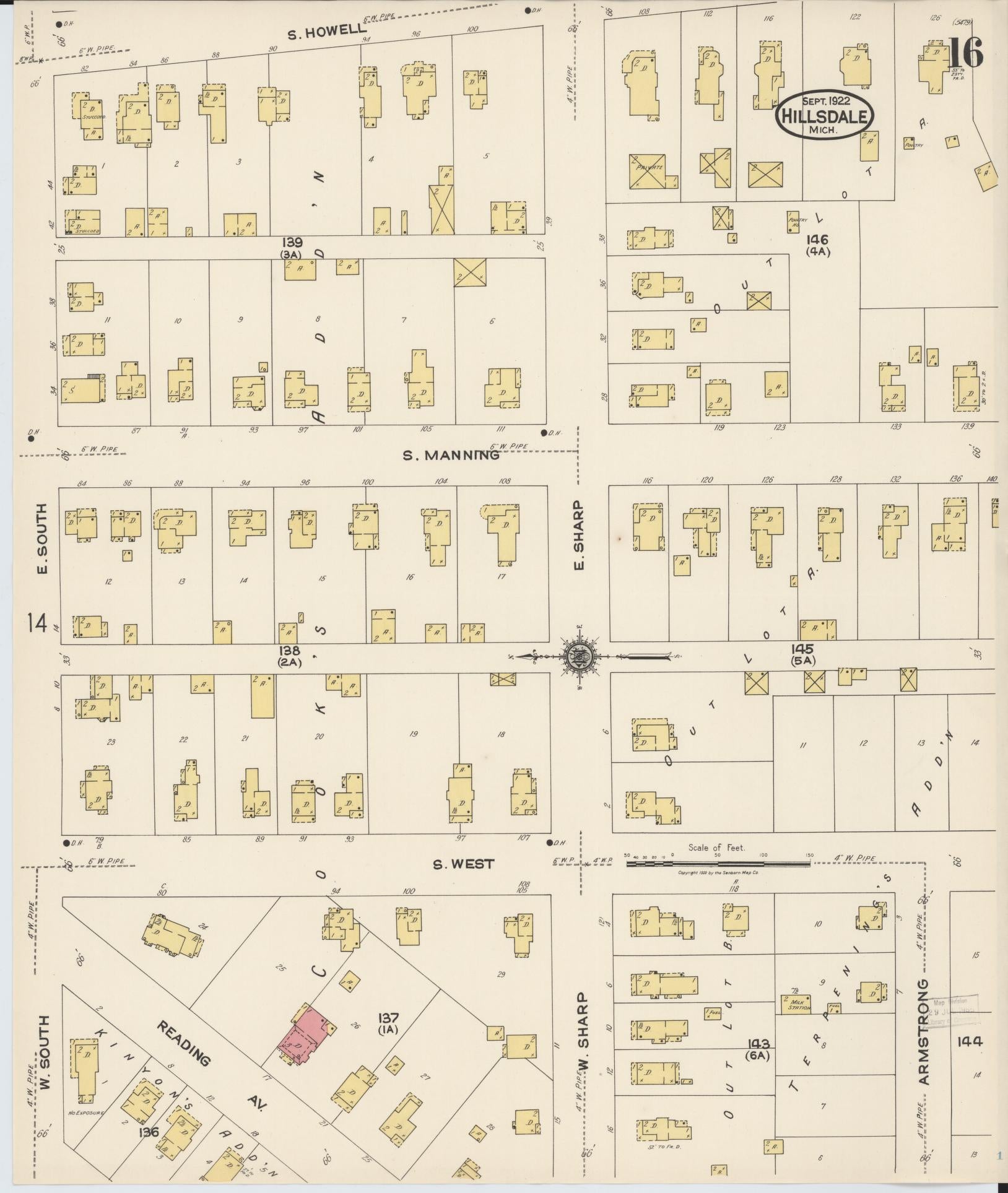 Sanborn Fire Insurance Map from Hillsdale, Hillsdale County, Michigan (1922), Sheet #0016 - Complete Map Set gallery image, historic Sanborn map, vintage wall art, Michigan Michigan