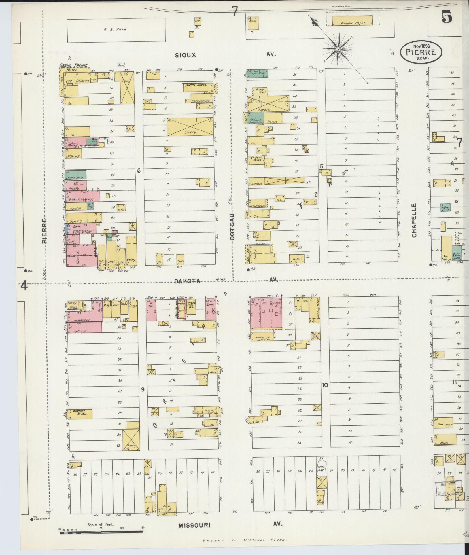 Sanborn Fire Insurance Map from Pierre, Hughes County, South Dakota (1898), Sheet #0005 - Complete Map Set gallery image, historic Sanborn map, vintage wall art, South Dakota South Dakota