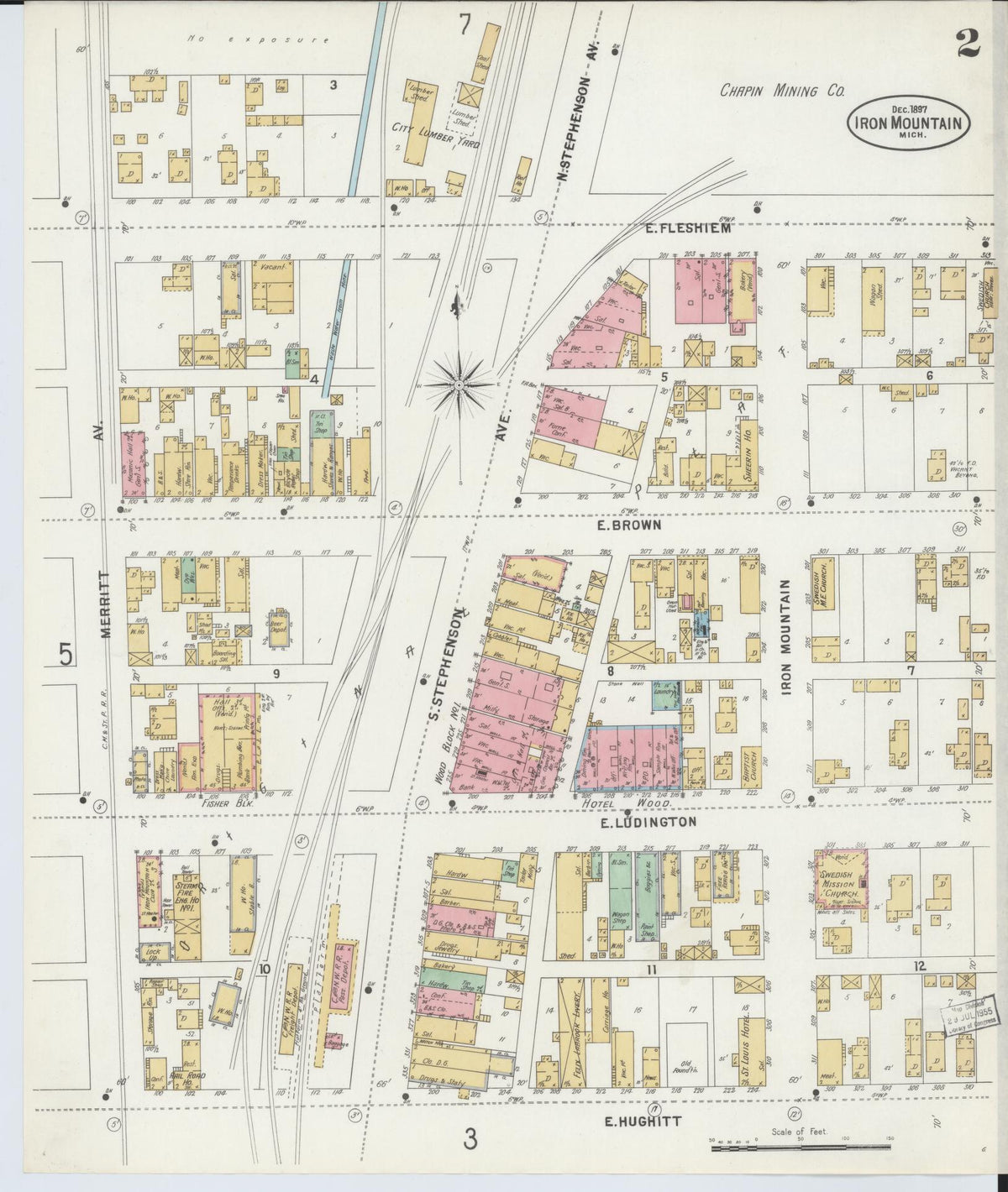 Sanborn Fire Insurance Map from Iron Mountain, Dickinson County, Michigan (1897), Sheet #0002 - Historic Sanborn Fire Insurance Map Print, vintage old map wall art, antique decor, genealogy gift, Michigan Michigan map