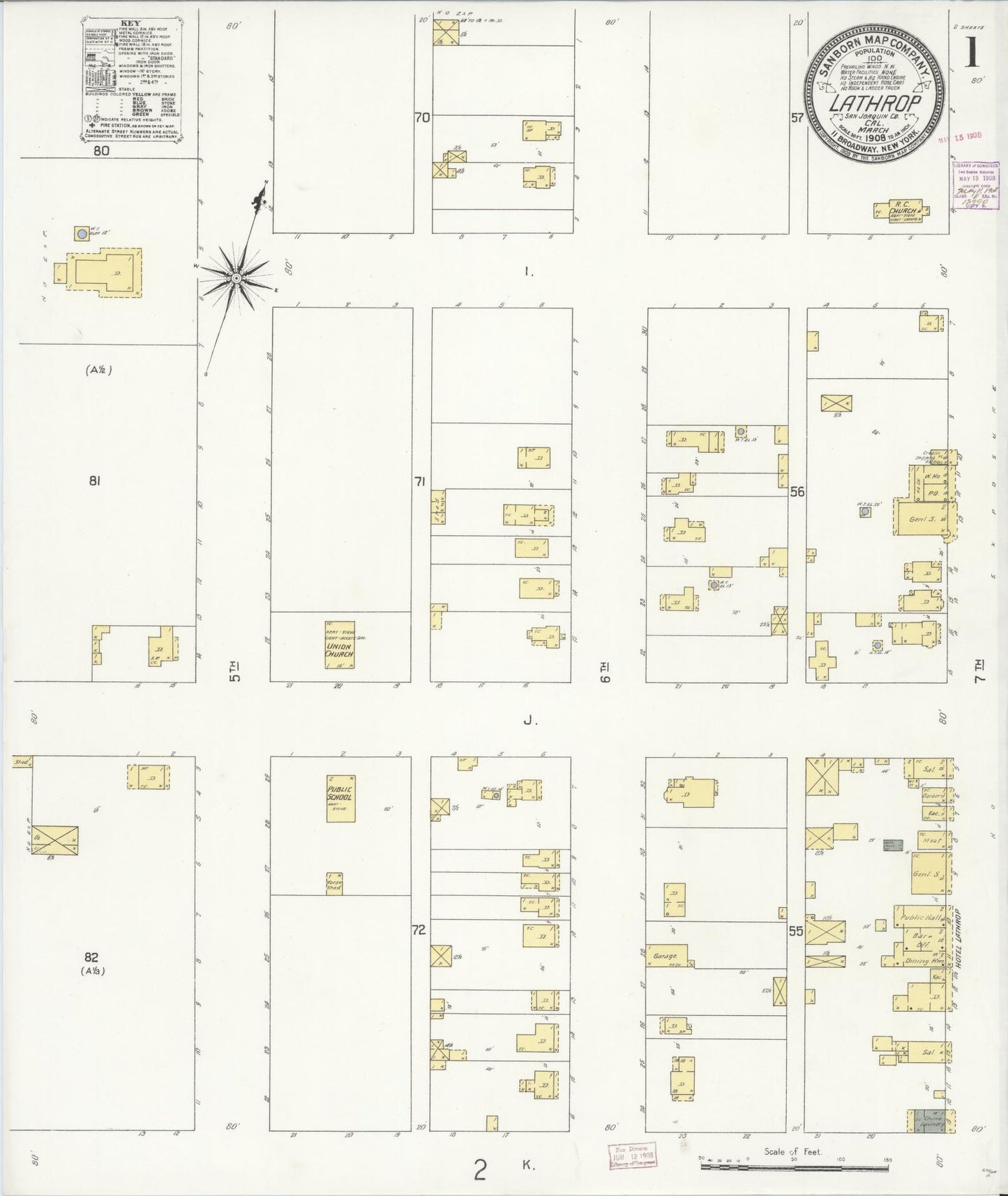 Sanborn Fire Insurance Map from Lathrop, San Joaquin County, California (1908), Sheet #0001 - Historic Sanborn Fire Insurance Map Print, vintage old map wall art, antique decor, genealogy gift, California California map