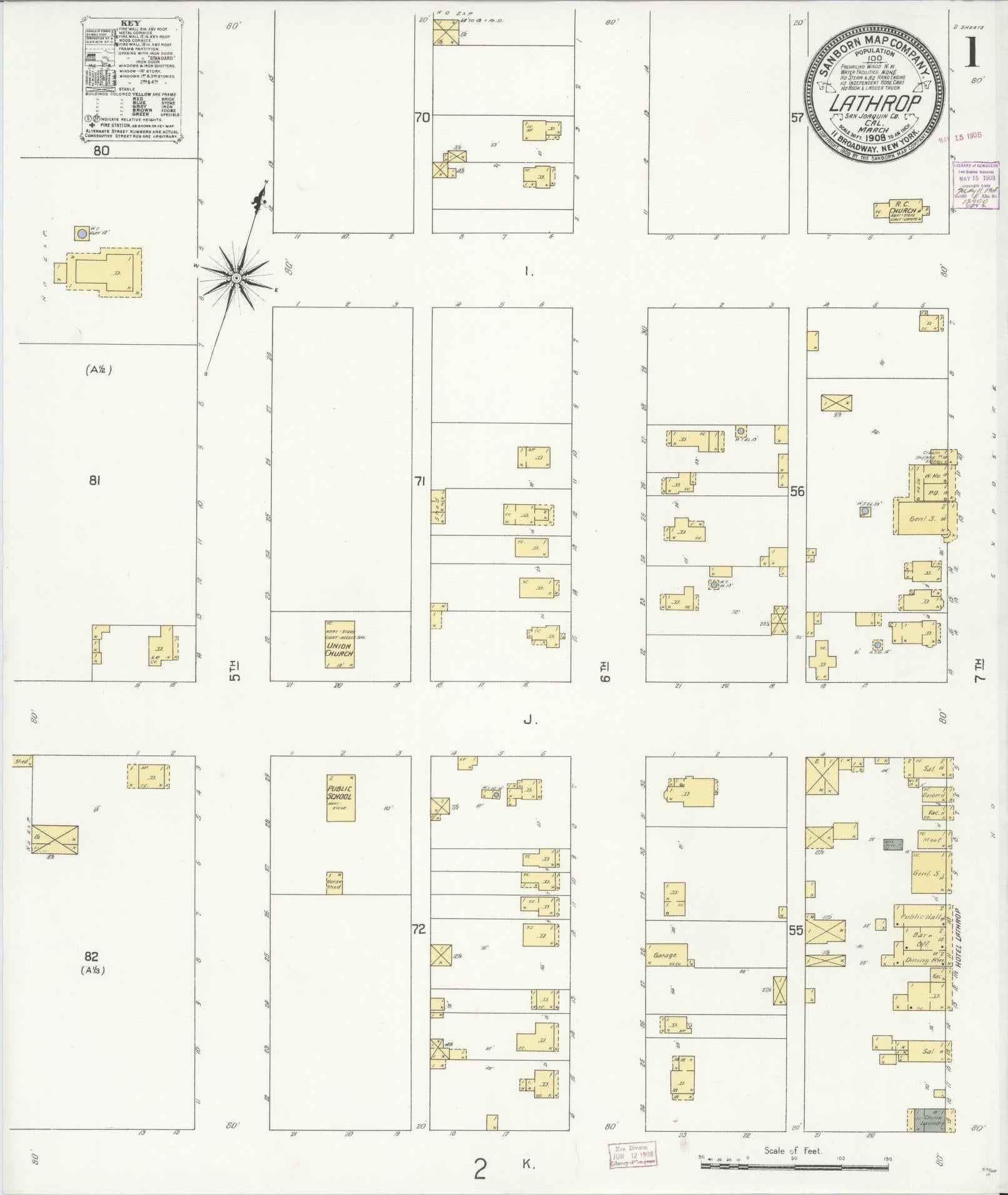 Sanborn Fire Insurance Map from Lathrop, San Joaquin County, California (1908), Sheet #0001 - Historic Sanborn Fire Insurance Map Print, vintage old map wall art, antique decor, genealogy gift, California California map