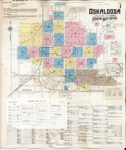 Sanborn Fire Insurance Map from Oskaloosa, Mahaska County, Iowa (1948), Sheet #0001 - Historic Sanborn Fire Insurance Map Print, vintage old map wall art