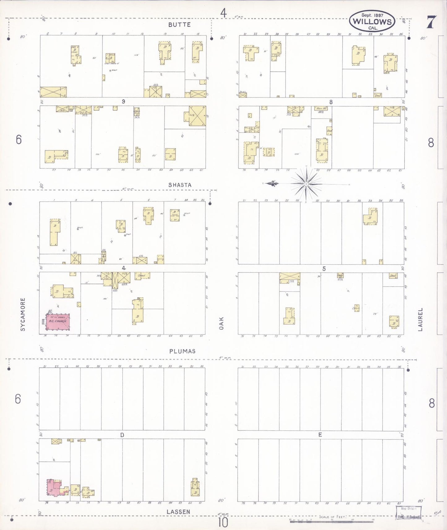Sanborn Fire Insurance Map from Willows, Glenn County, California (1897), Sheet #0007 - Complete Map Set gallery image, historic Sanborn map, vintage wall art, California California