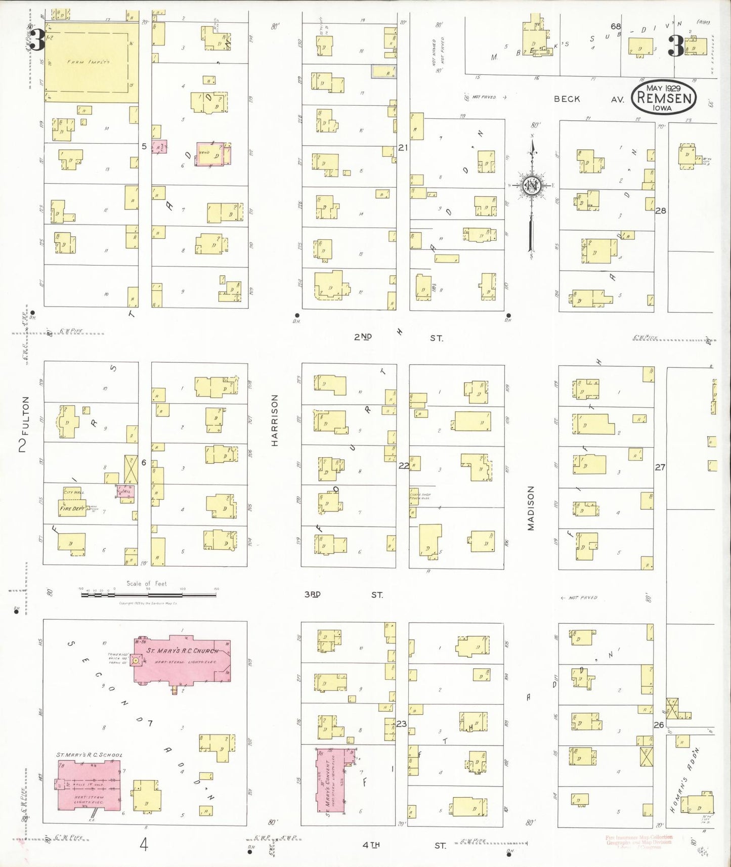 Sanborn Fire Insurance Map from Remsen, Plymouth County, Iowa (1929), Sheet #0003 - Historic Sanborn Fire Insurance Map Print, vintage old map wall art