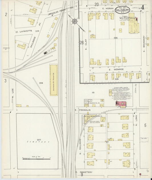 Sanborn Fire Insurance Map from Salisbury, Rowan County, North Carolina (1913), Sheet #0004 - Historic Sanborn Fire Insurance Map Print, vintage old map wall art, antique decor, genealogy gift, North Carolina North Carolina map