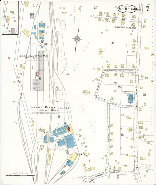 Sanborn Fire Insurance Map from West Rutland, Rutland County, Vermont (1922), Sheet #0007 - Historic Sanborn Fire Insurance Map Print, vintage old map wall art, antique decor, genealogy gift, Vermont Vermont map