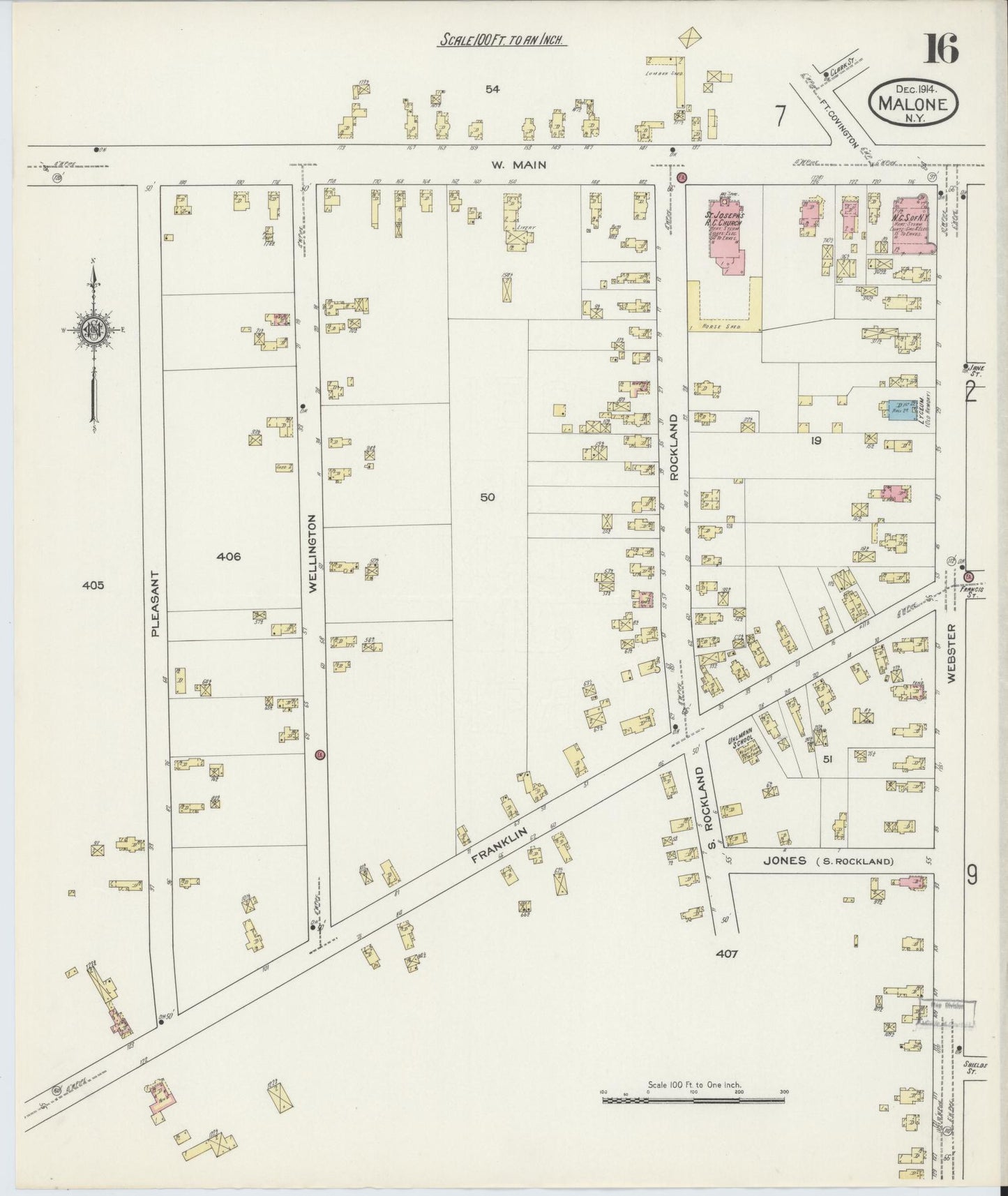Sanborn Fire Insurance Map from Malone, Franklin County, New York (1914), Sheet #0016 - Historic Sanborn Fire Insurance Map Print, vintage old map wall art, antique decor, genealogy gift, New York New York map