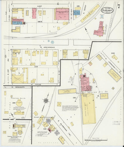 Sanborn Fire Insurance Map from Durant, Bryan County, Oklahoma (1918), Sheet #0007 - Complete Map Set gallery image, historic Sanborn map, vintage wall art, Oklahoma Oklahoma