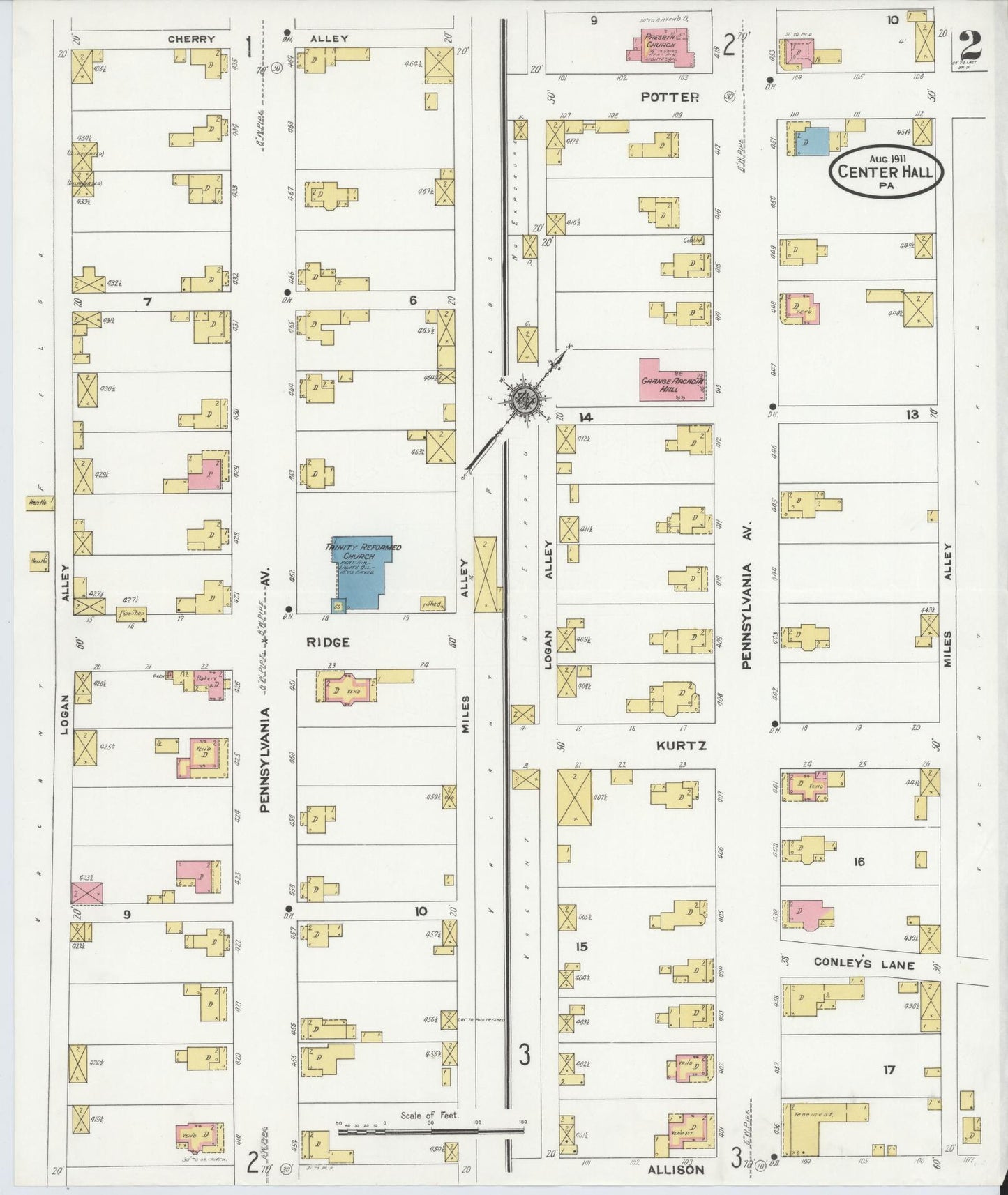 Sanborn Fire Insurance Map from Center Hall, Centre County, Pennsylvania (1911), Sheet #0002 - Historic Sanborn Fire Insurance Map Print, vintage old map wall art, antique decor, genealogy gift, Pennsylvania Pennsylvania map