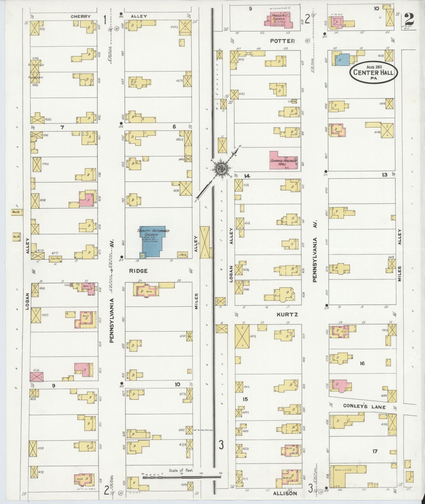 Sanborn Fire Insurance Map from Center Hall, Centre County, Pennsylvania (1911), Sheet #0002 - Historic Sanborn Fire Insurance Map Print, vintage old map wall art, antique decor, genealogy gift, Pennsylvania Pennsylvania map