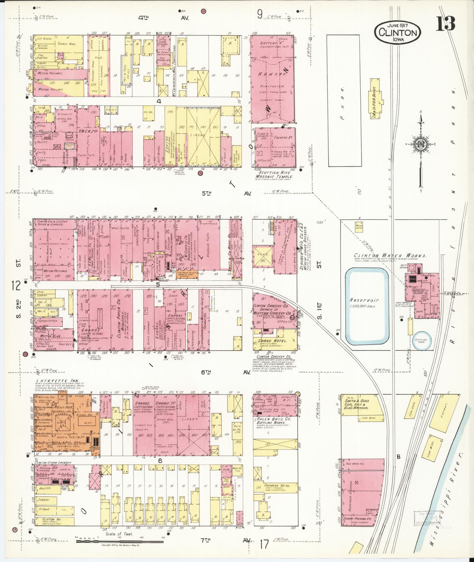 Sanborn Fire Insurance Map from Clinton, Clinton County, Iowa (1917), Sheet #0013 - Historic Sanborn Fire Insurance Map Print, vintage old map wall art
