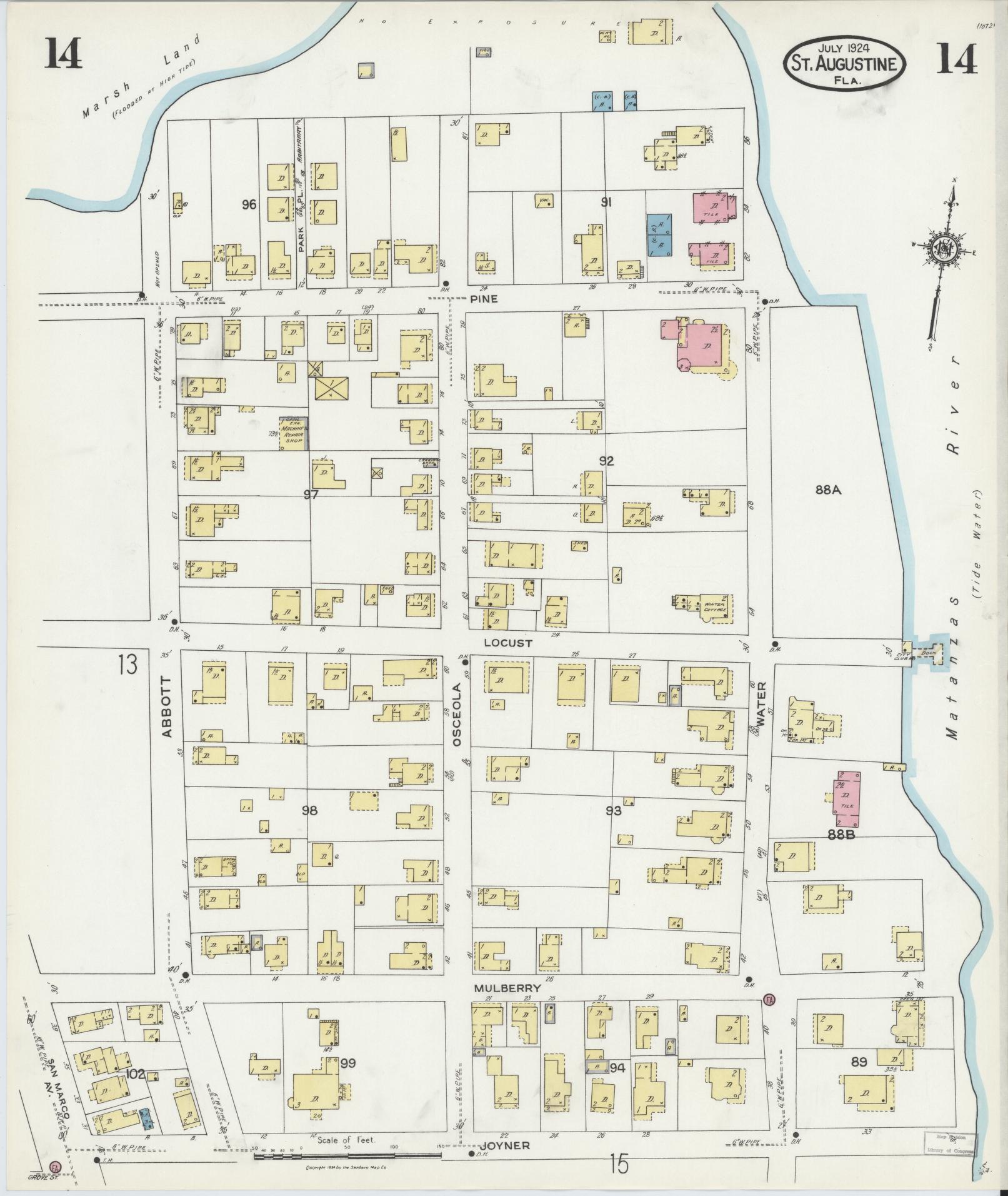 Sanborn Fire Insurance Map from Saint Augustine, Saint John's County, Florida (1924), Sheet #0014 - Complete Map Set gallery image, historic Sanborn map, vintage wall art, Florida Florida