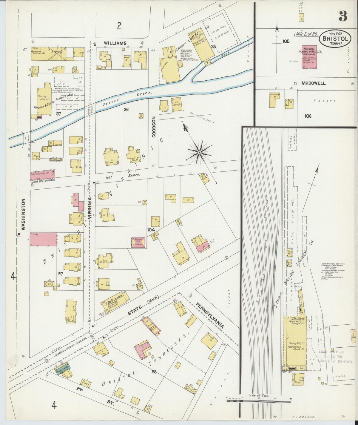 Sanborn Fire Insurance Map from Bristol, Sullivan County, Tennessee (1902), Sheet #0003 - Complete Map Set gallery image, historic Sanborn map, vintage wall art, Tennessee Tennessee