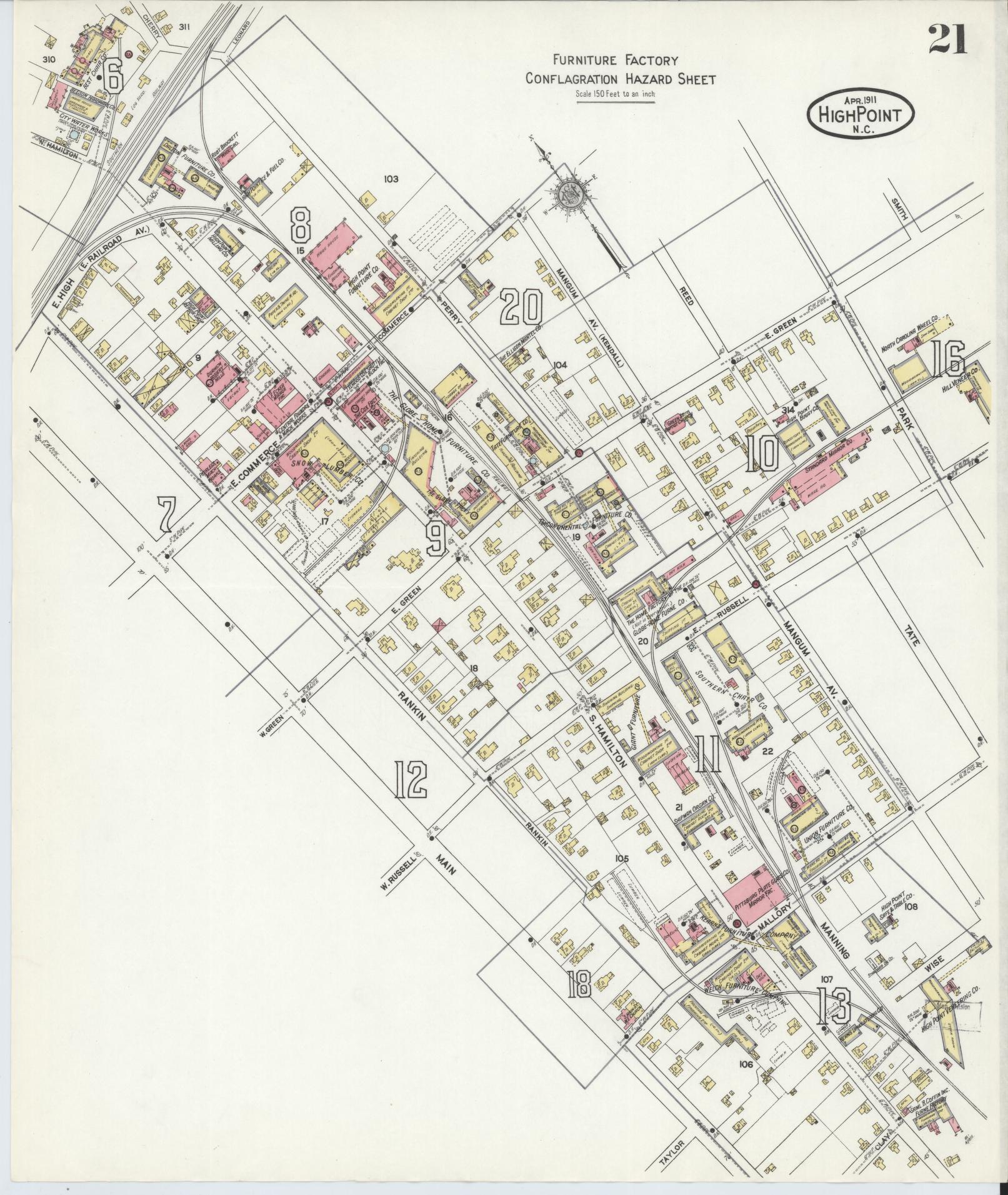 Sanborn Fire Insurance Map from High Point, Guilford County, North Carolina (1911), Sheet #0021 - Complete Map Set gallery image, historic Sanborn map, vintage wall art, North Carolina North Carolina