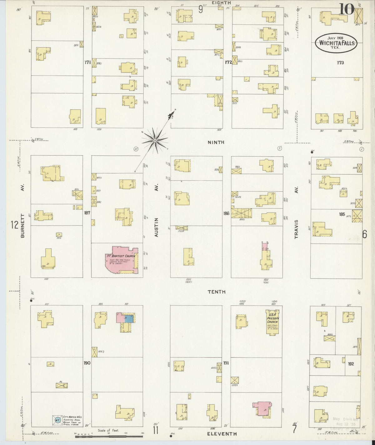 Sanborn Fire Insurance Map from Wichita Falls, Wichita County, Texas (1908), Sheet #0010 - Historic Sanborn Fire Insurance Map Print, vintage old map wall art, antique decor, genealogy gift, Texas Texas map