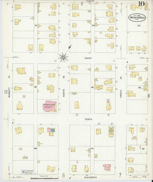 Sanborn Fire Insurance Map from Wichita Falls, Wichita County, Texas (1908), Sheet #0010 - Historic Sanborn Fire Insurance Map Print, vintage old map wall art, antique decor, genealogy gift, Texas Texas map