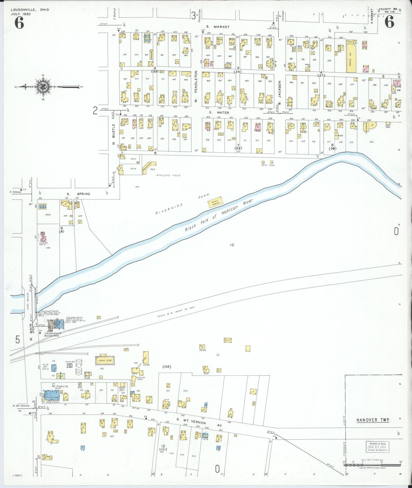 Sanborn Fire Insurance Map from Loudonville, Ashland County, Ohio (1950), Sheet #0006 - Historic Sanborn Fire Insurance Map Print, vintage old map wall art, antique decor, genealogy gift, Ohio Ohio map
