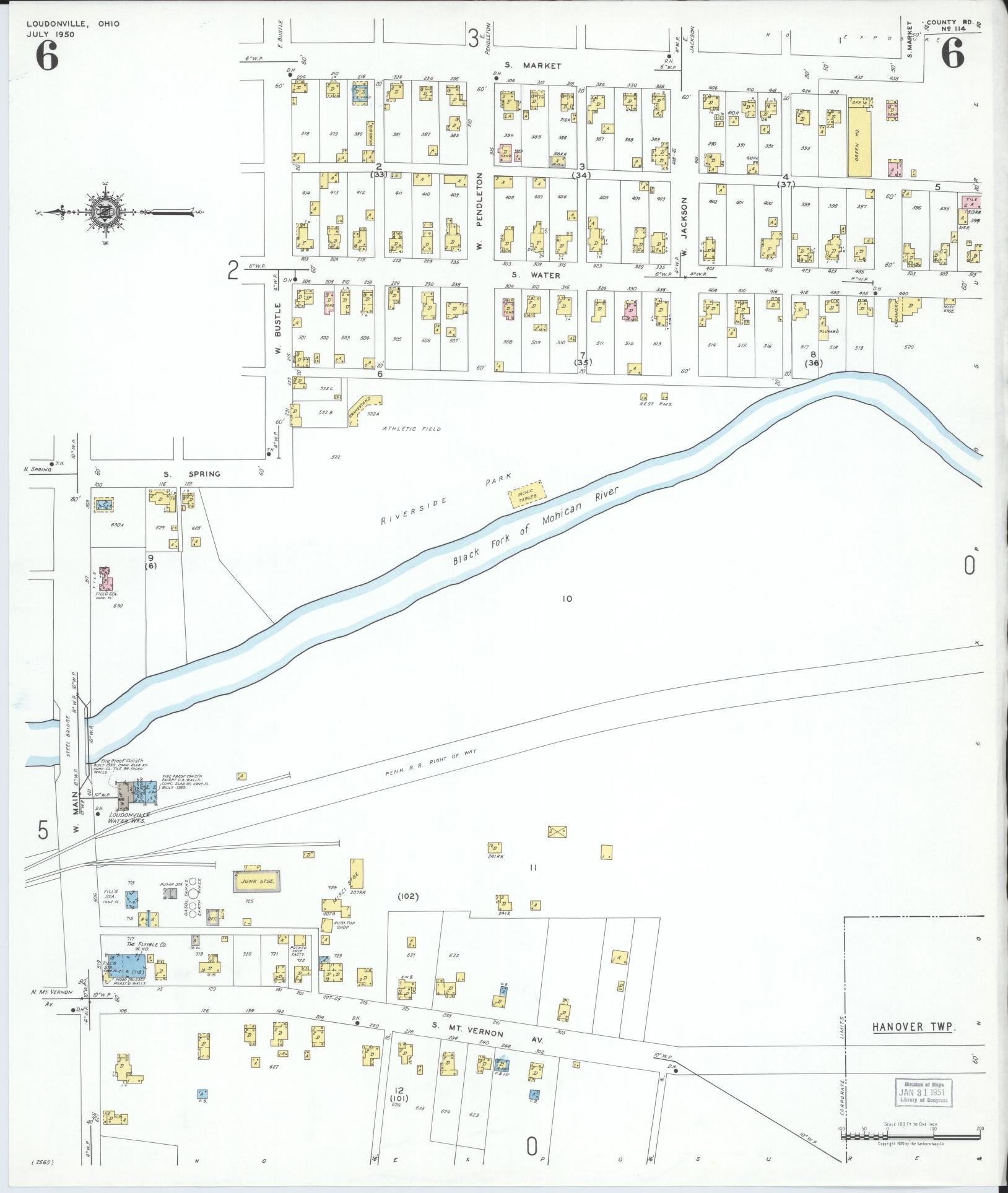 Sanborn Fire Insurance Map from Loudonville, Ashland County, Ohio (1950), Sheet #0006 - Historic Sanborn Fire Insurance Map Print, vintage old map wall art, antique decor, genealogy gift, Ohio Ohio map