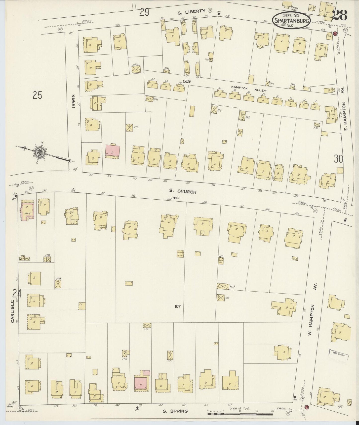 Sanborn Fire Insurance Map from Spartanburg, Spartanburg County, South Carolina (1912), Sheet #0028 - Historic Sanborn Fire Insurance Map Print, vintage old map wall art, antique decor, genealogy gift, South Carolina South Carolina map