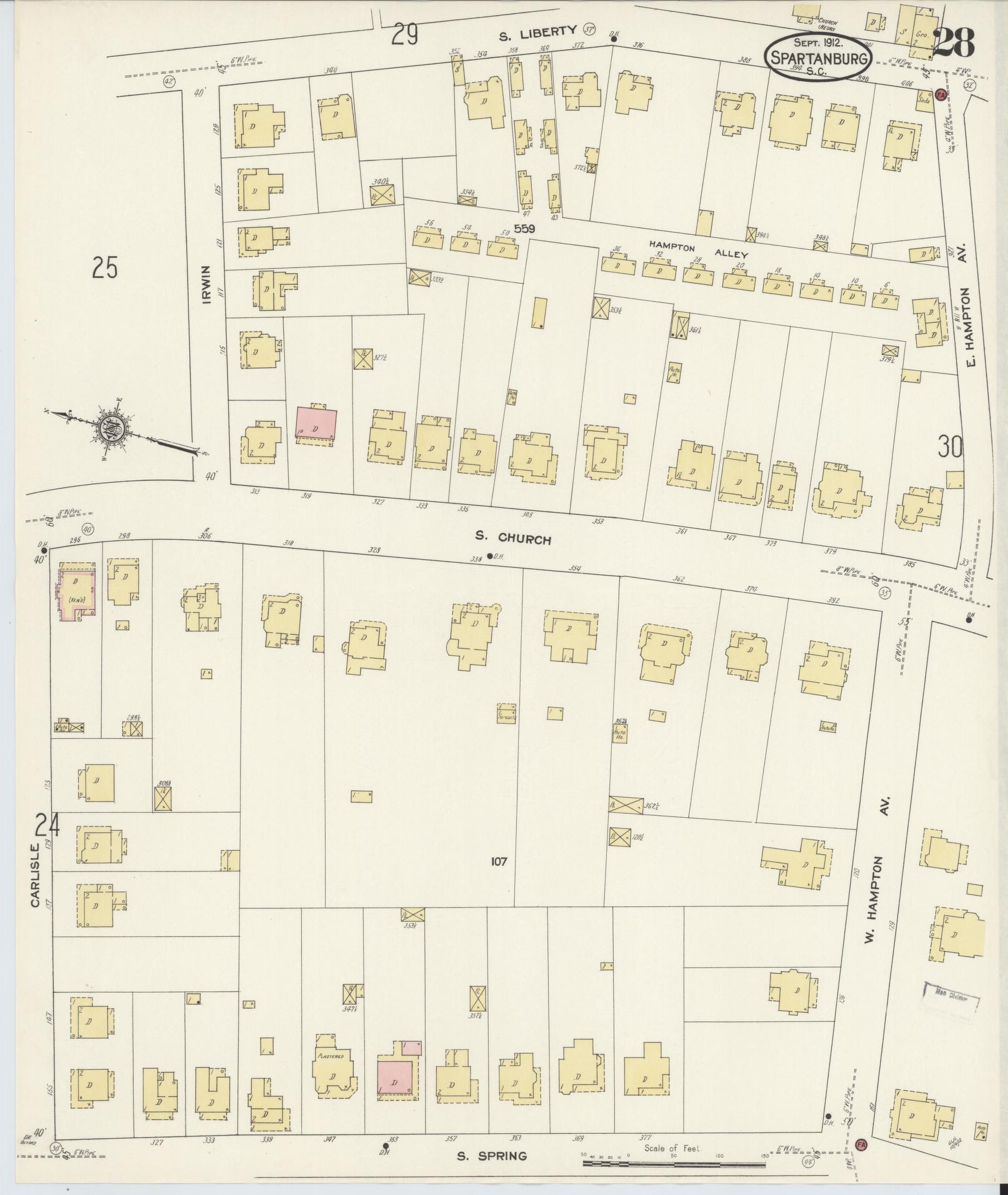 Sanborn Fire Insurance Map from Spartanburg, Spartanburg County, South Carolina (1912), Sheet #0028 - Historic Sanborn Fire Insurance Map Print, vintage old map wall art, antique decor, genealogy gift, South Carolina South Carolina map