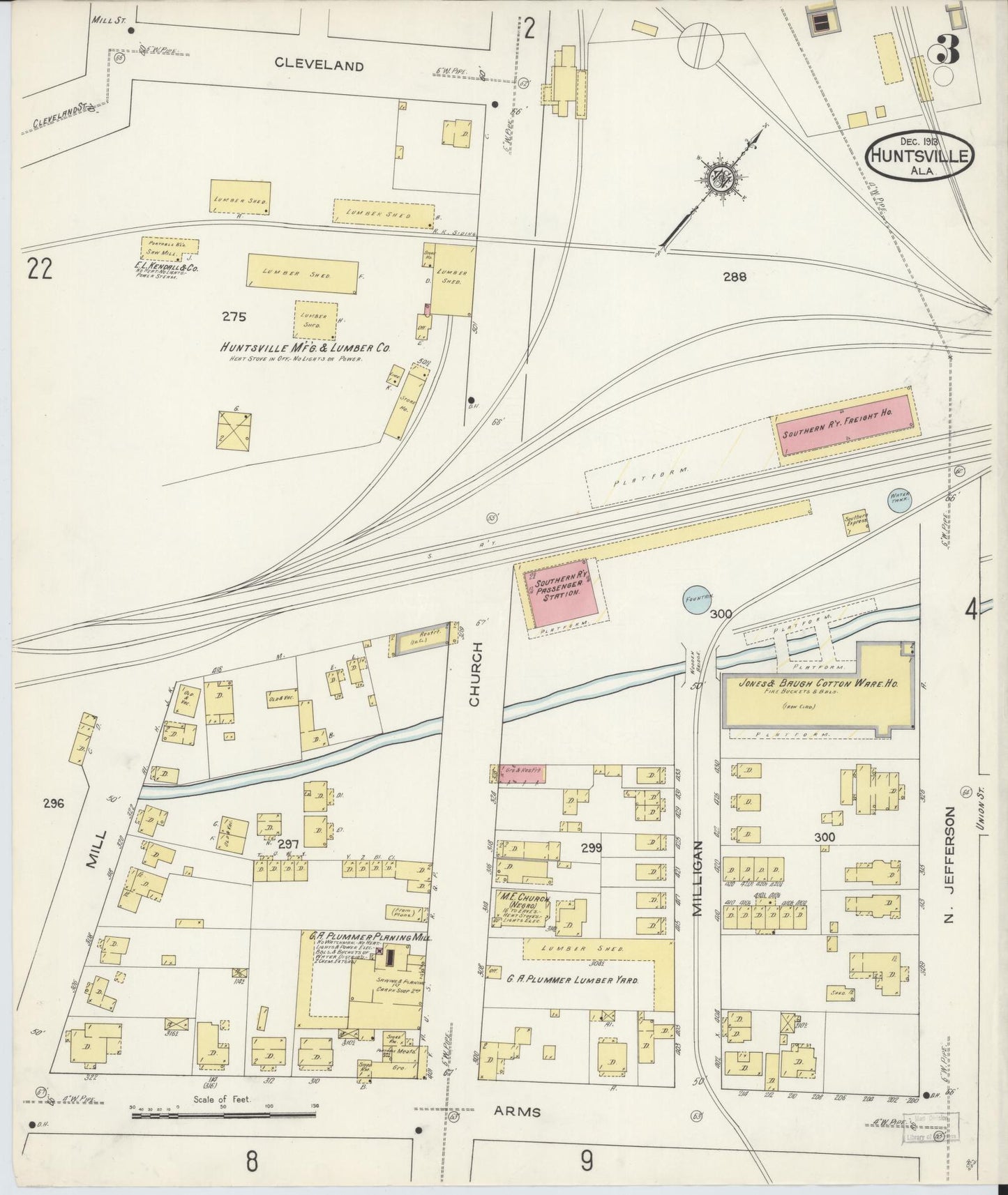 Sanborn Fire Insurance Map from Huntsville, Madison County, Alabama (1913), Sheet #0003 - Historic Sanborn Fire Insurance Map Print, vintage old map wall art, antique decor, genealogy gift, Alabama Alabama map