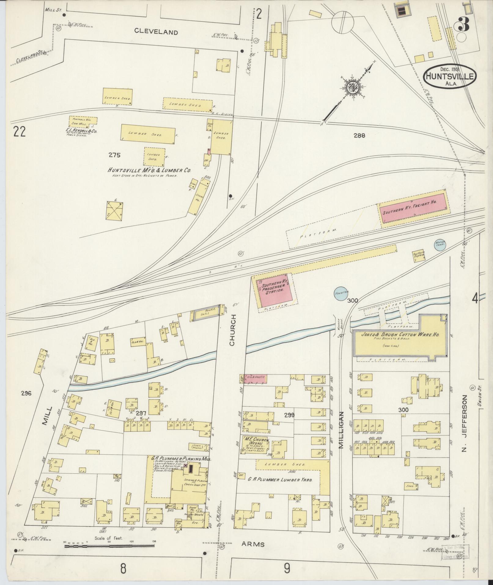 Sanborn Fire Insurance Map from Huntsville, Madison County, Alabama (1913), Sheet #0003 - Historic Sanborn Fire Insurance Map Print, vintage old map wall art, antique decor, genealogy gift, Alabama Alabama map