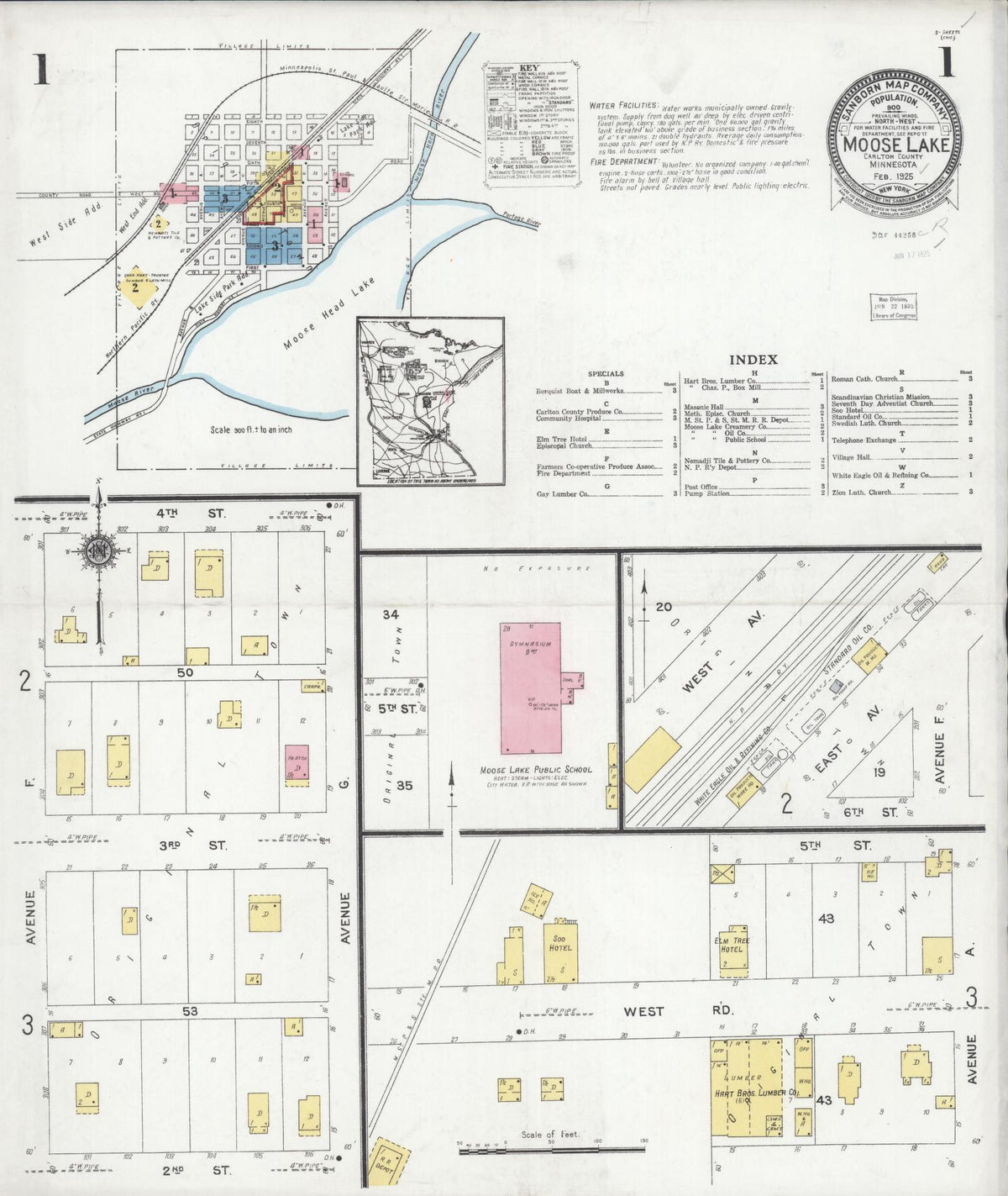 Sanborn Fire Insurance Map from Moose Lake, Carlton County, Minnesota (1925), Sheet #0001 - Complete Map Set gallery image, historic Sanborn map, vintage wall art, Minnesota Minnesota