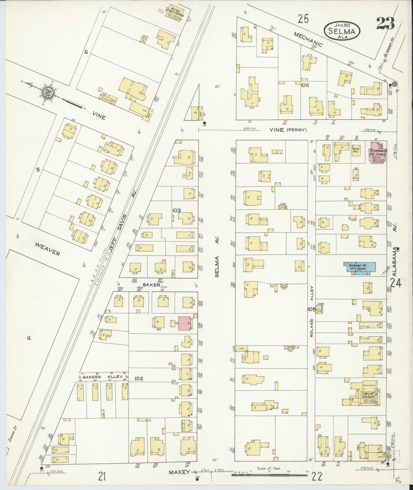 Sanborn Fire Insurance Map from Selma, Dallas County, Alabama (1913), Sheet #0023 - Complete Map Set gallery image, historic Sanborn map, vintage wall art, Alabama Alabama