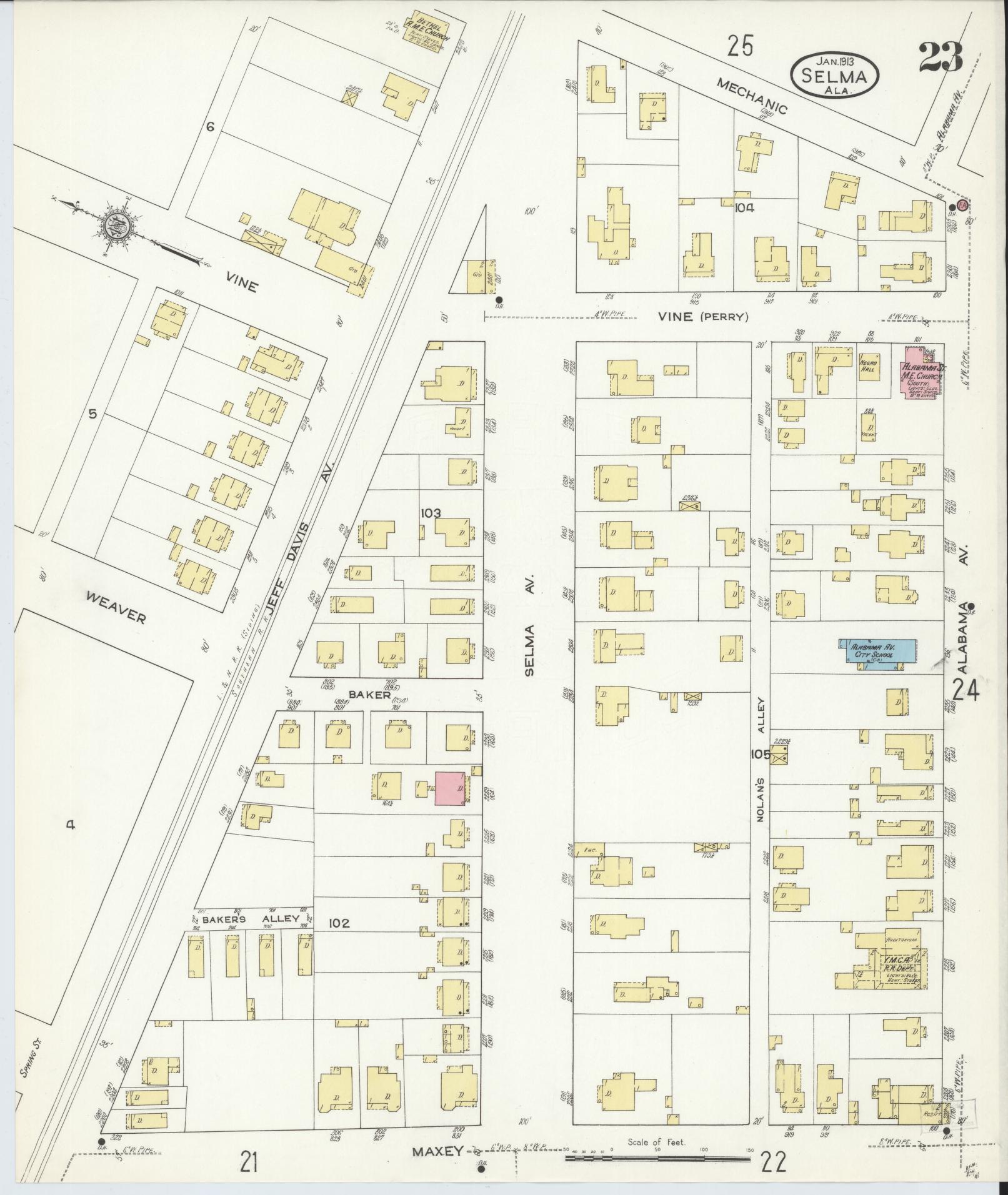 Sanborn Fire Insurance Map from Selma, Dallas County, Alabama (1913), Sheet #0023 - Complete Map Set gallery image, historic Sanborn map, vintage wall art, Alabama Alabama