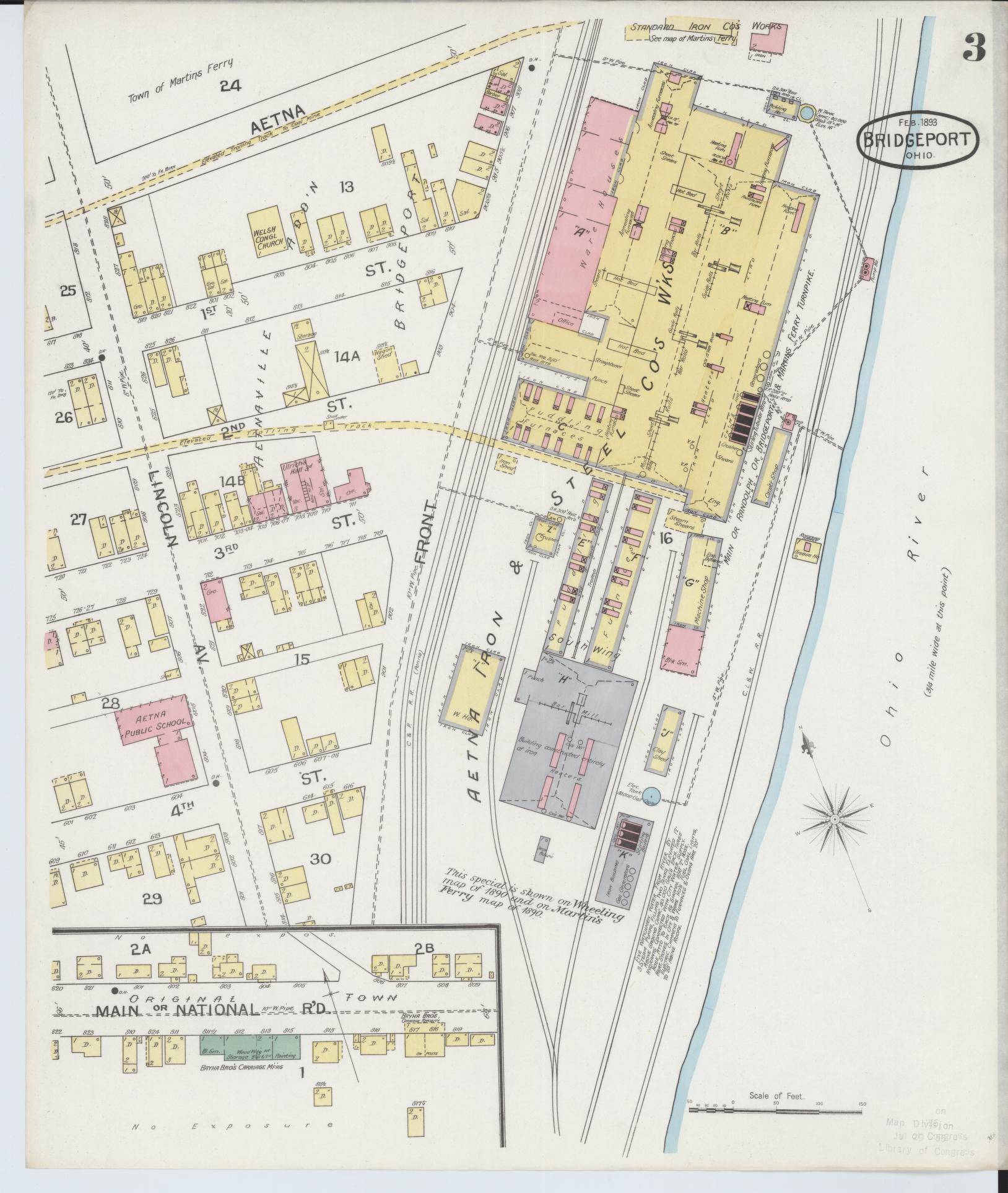 Sanborn Fire Insurance Map from Bridgeport, Belmont County, Ohio (1893), Sheet #0003 - Historic Sanborn Fire Insurance Map Print, vintage old map wall art, antique decor, genealogy gift, Ohio Ohio map