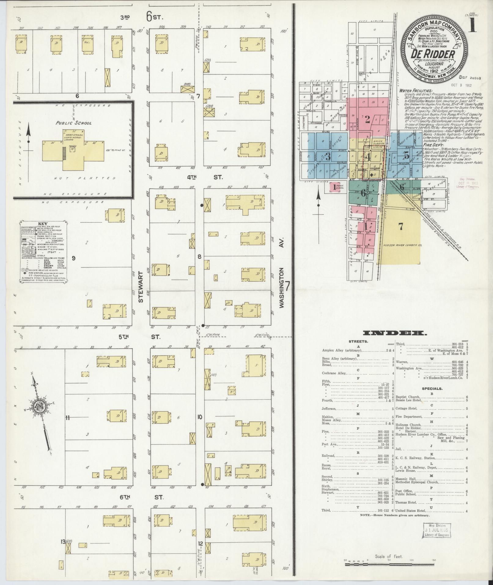 Sanborn Fire Insurance Map from De Ridder, Beauregard Parish, Louisiana (1912), Sheet #0001 - Historic Sanborn Fire Insurance Map Print, vintage old map wall art, antique decor, genealogy gift, Louisiana Louisiana map