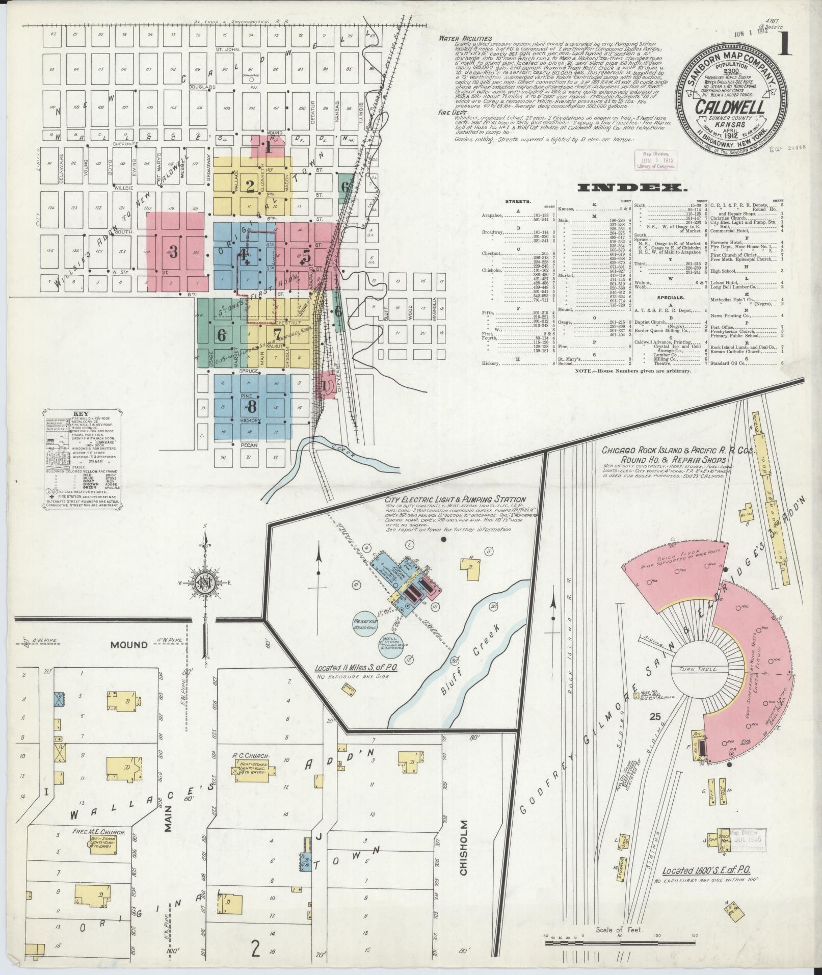 Sanborn Fire Insurance Map from Caldwell, Sumner County, Kansas (1912), Sheet #0001 - Historic Sanborn Fire Insurance Map Print, vintage old map wall art, antique decor, genealogy gift, Kansas Kansas map