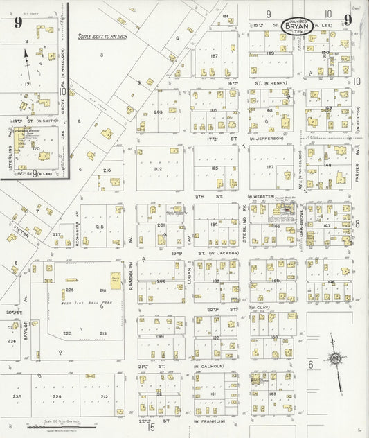 Sanborn Fire Insurance Map from Bryan, Brazos County, Texas (1925), Sheet #0009 - Historic Sanborn Fire Insurance Map Print, vintage old map wall art, antique decor, genealogy gift, Texas Texas map
