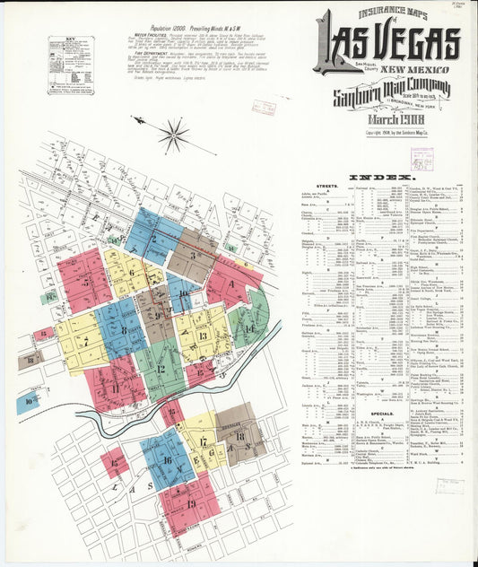 Sanborn Fire Insurance Map from Las Vegas, San Miguel County, New Mexico (1908), Sheet #0001 - Historic Sanborn Fire Insurance Map Print, vintage old map wall art, antique decor, genealogy gift, New Mexico New Mexico map