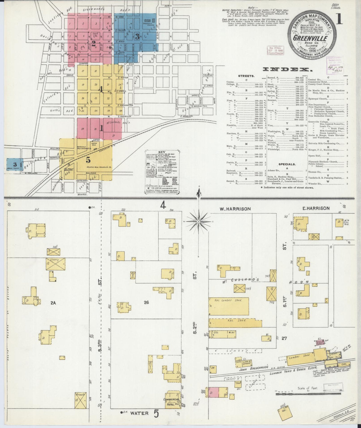 Sanborn Fire Insurance Map from Greenville, Bond County, Illinois (1906), Sheet #0001 - Historic Sanborn Fire Insurance Map Print, vintage old map wall art, antique decor, genealogy gift, Illinois Illinois map