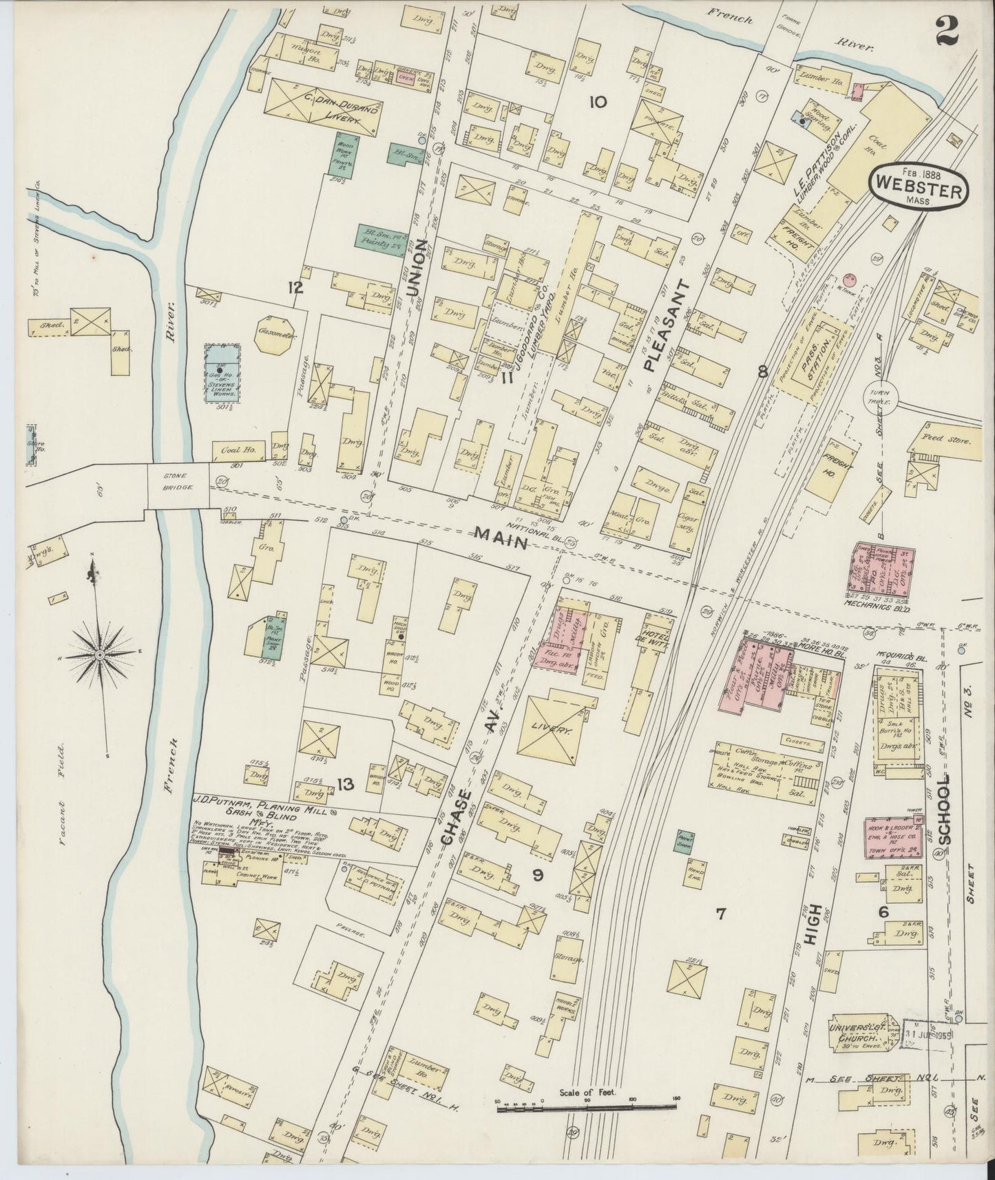 Sanborn Fire Insurance Map from Webster, Worcester County, Massachusetts (1888), Sheet #0002 - Complete Map Set gallery image, historic Sanborn map, vintage wall art, Massachusetts Massachusetts